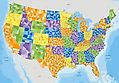 Complex colorful USA political map with every county and major city.