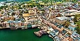 An aerial view of historic buildings around Downtown Portsmouth in New Hampshire in the fall