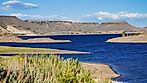 Blue Mesa Reservoir with blue sky in Colorado