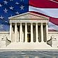 The front of the US Supreme Court in Washington, DC, montaged with the current US flag.