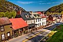 View of historic buildings and shops on High Street in Harper's Ferry, West Virginia.
