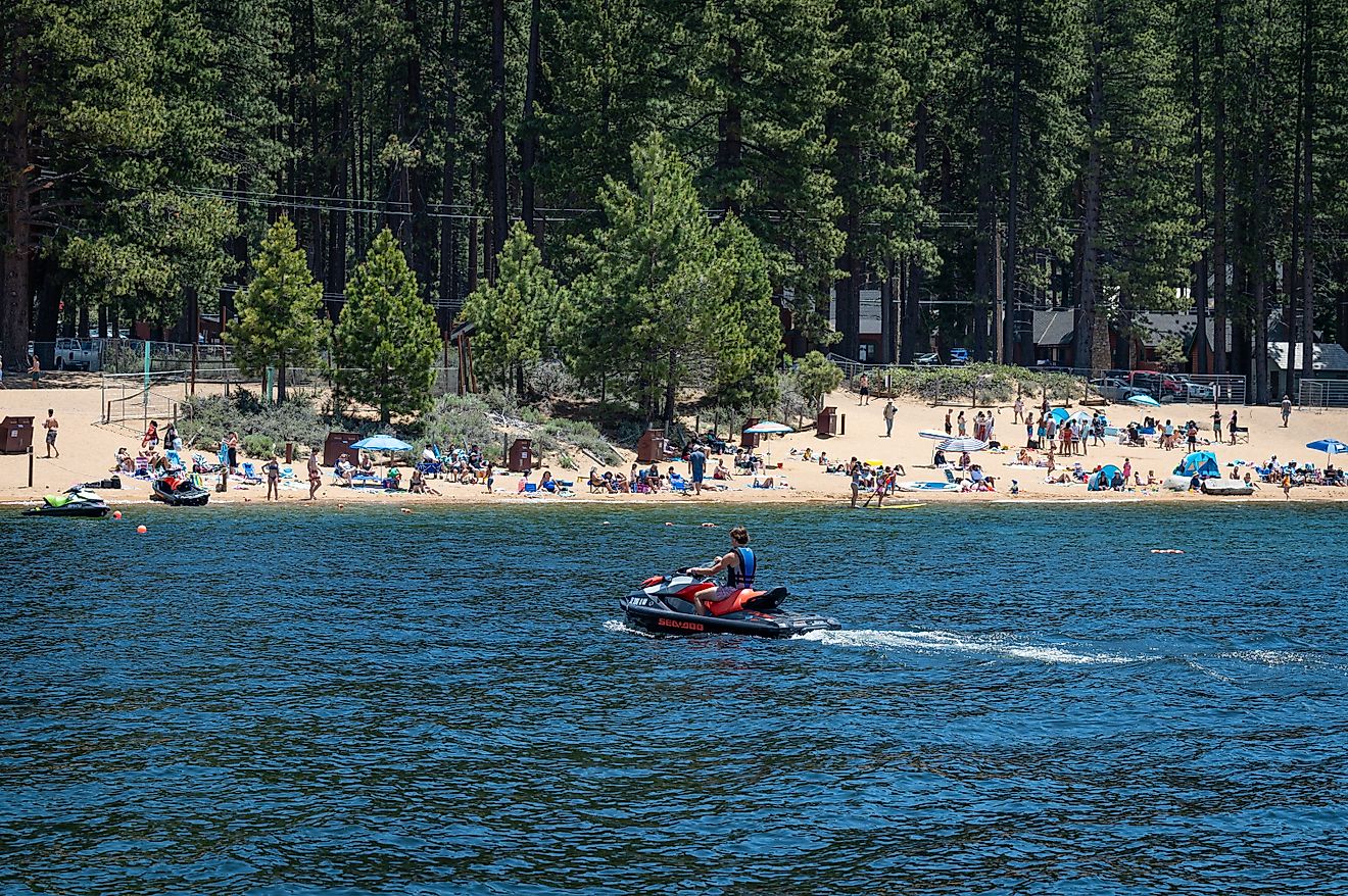  A jet skiier heads to the beach area of the Zephyr Cove Resort. The popular resort area is located in South Lake Tahoe, just east of the California border.