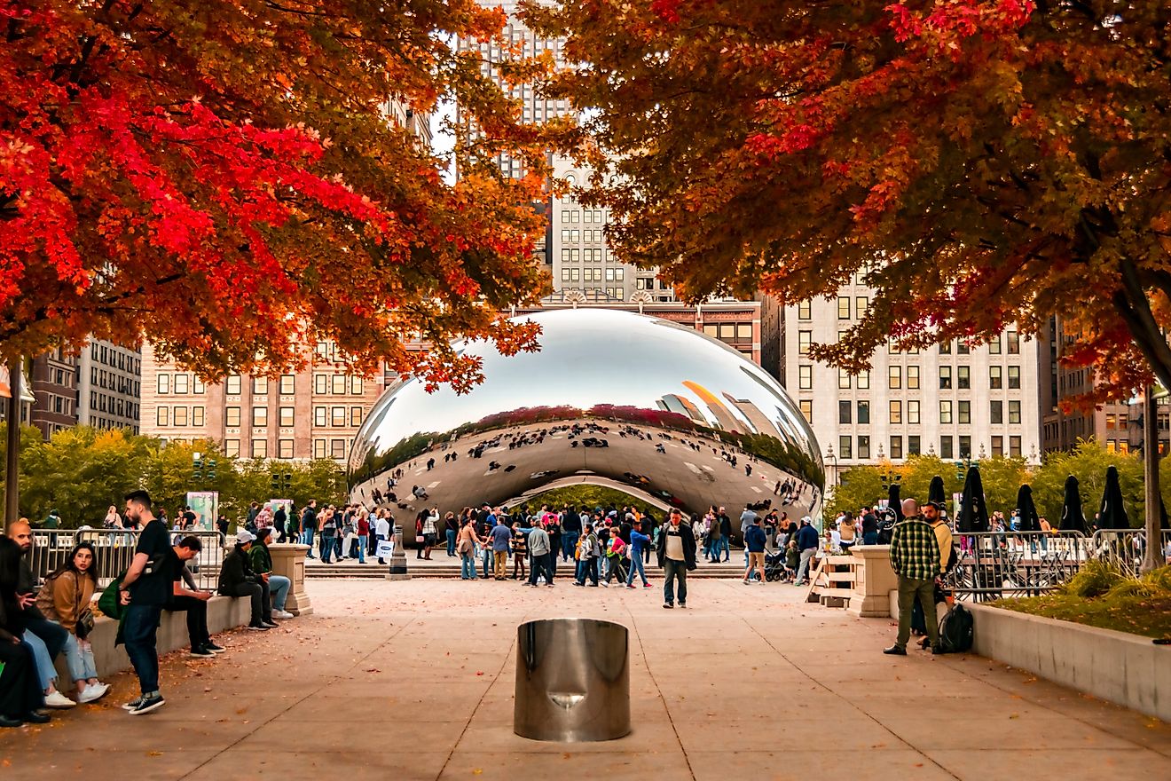 Chicago, Illinois, United States - October 21, 2022: Cloud Gate, also known as the The Bean, a scuplture in Millennium Park in downtown Chicago as seen during the sunset hours of an autumn day.