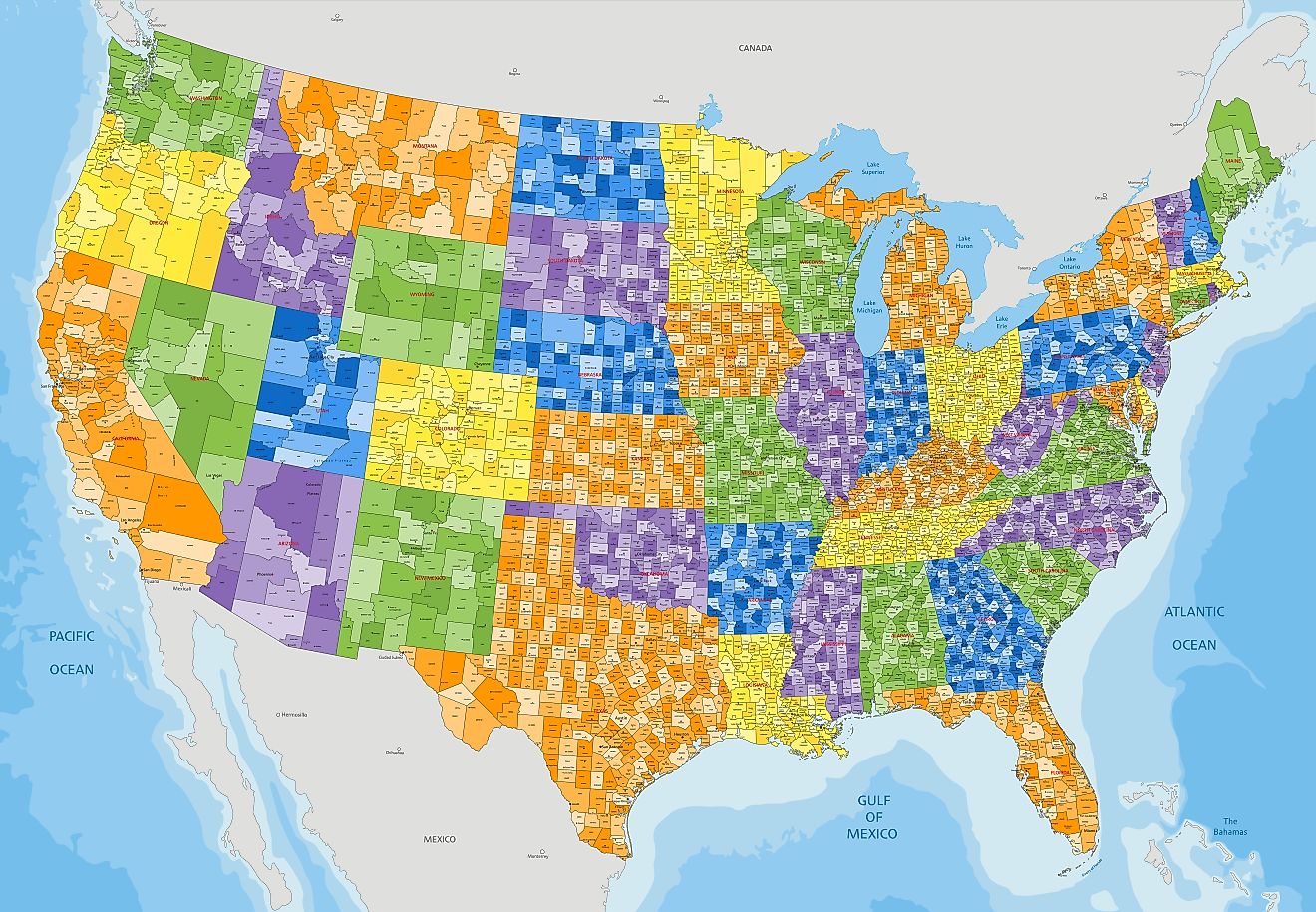 Complex colorful USA political map with every county and major city.