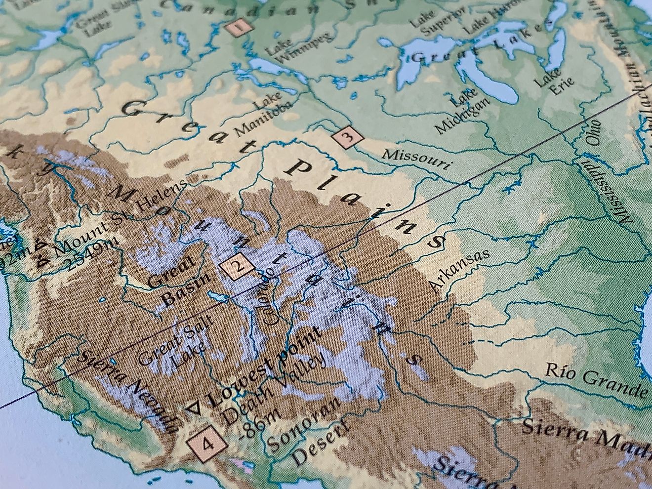 Great Plains, North America, detailed map from a world atlas showing borders, geographic features