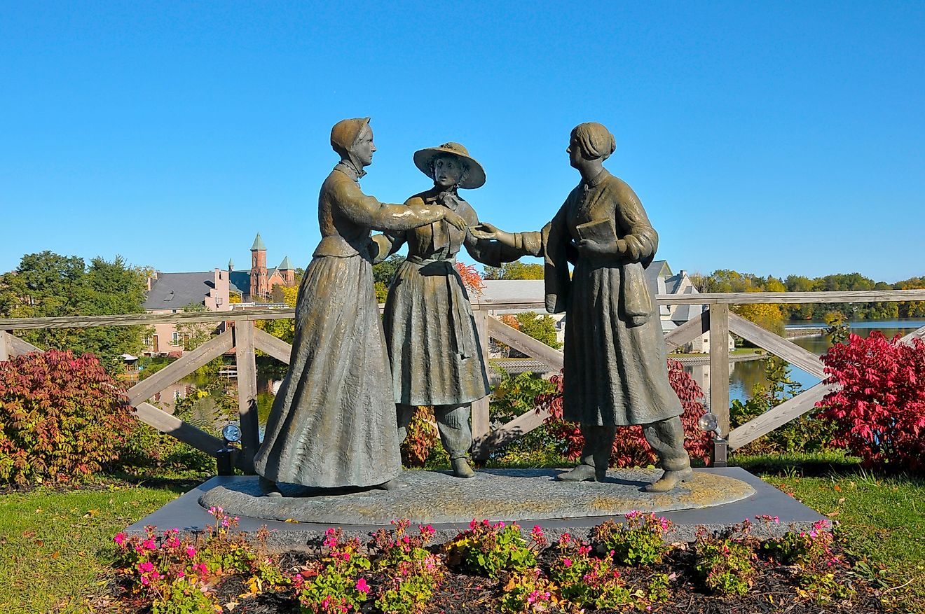Statue of Susan B Anthony Amelia Bloomer and Elizabeth Cady Stanton Seneca Falls New York.
