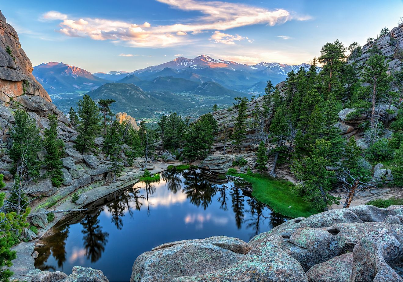 The last evening sunshine hits Longs Peak and The Crags above Gem Lake in Rocky Mountain National Park, Estes Park, Colorado.