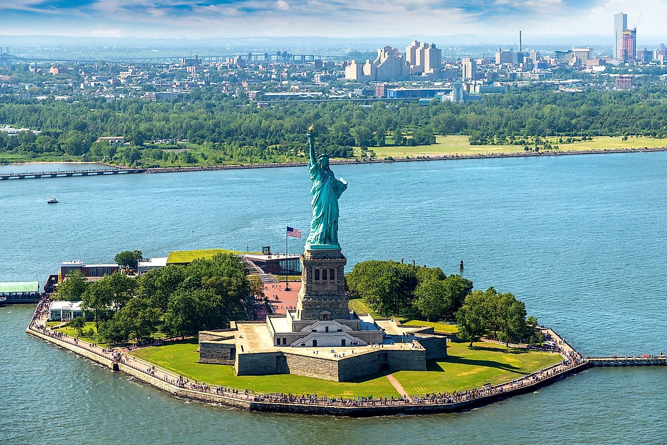 Panoramic aerial view Statue of Liberty in New York City, NY, USA