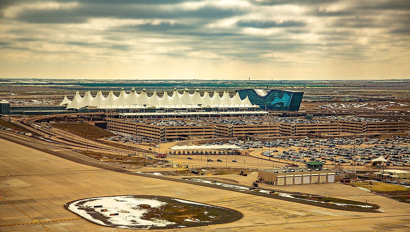Aerial view of Denver airport terminal. Editorial credit: Bob Pool/Shutterstock.com