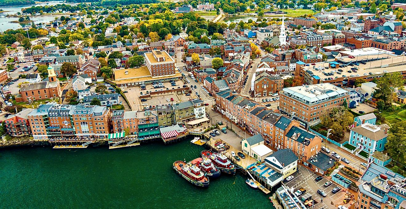 An aerial view of historic buildings around Downtown Portsmouth in New Hampshire in the fall