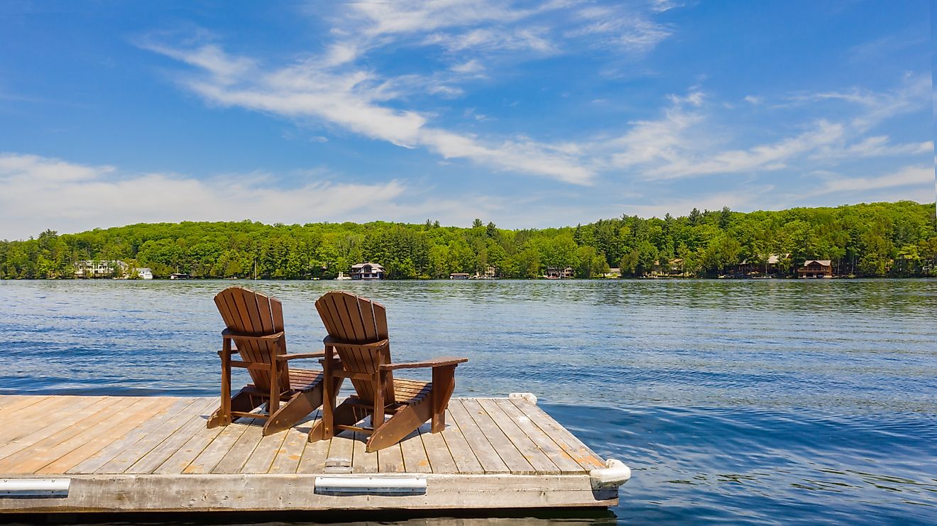 Two Adirondack chairs on a wooden dock facing a lake