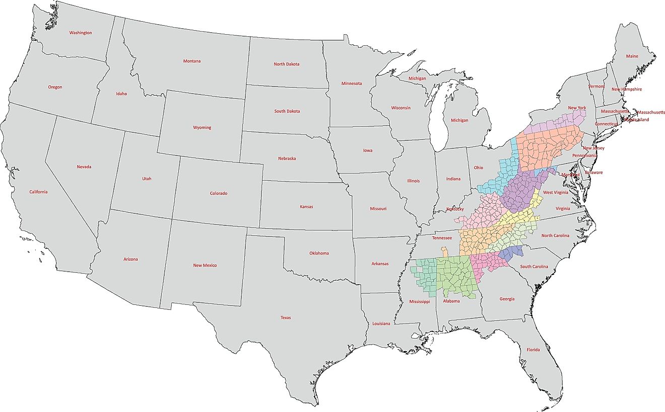 US State Map with Appalachian Region of 423 Counties