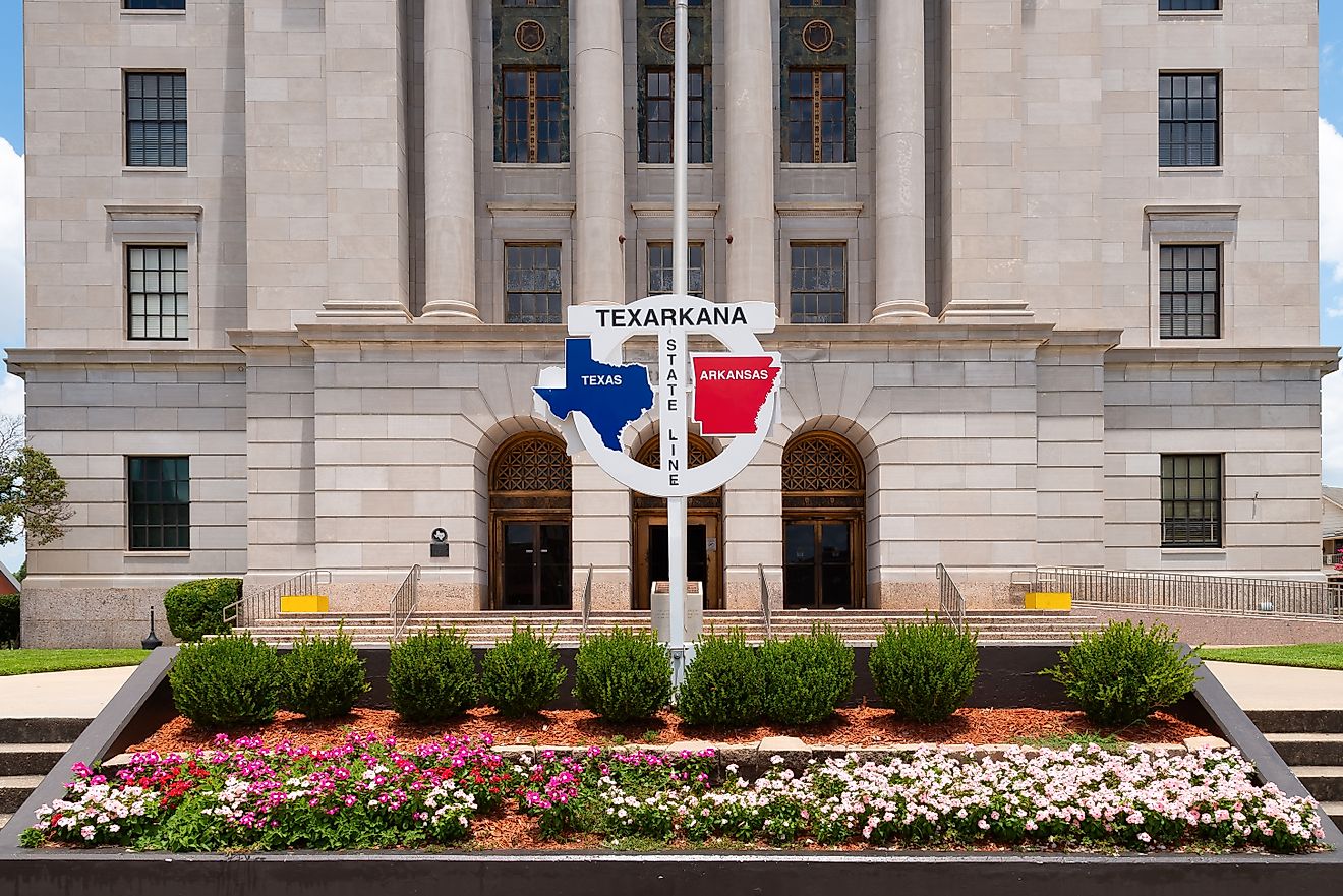 The state line of Texas and Arkansas in Texarkana.