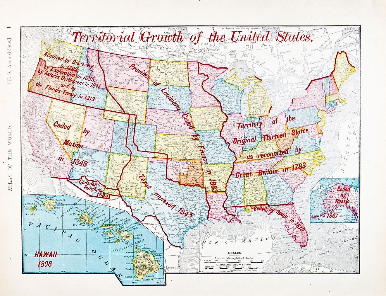 A map of the United States showing the steps in which the US grew over time