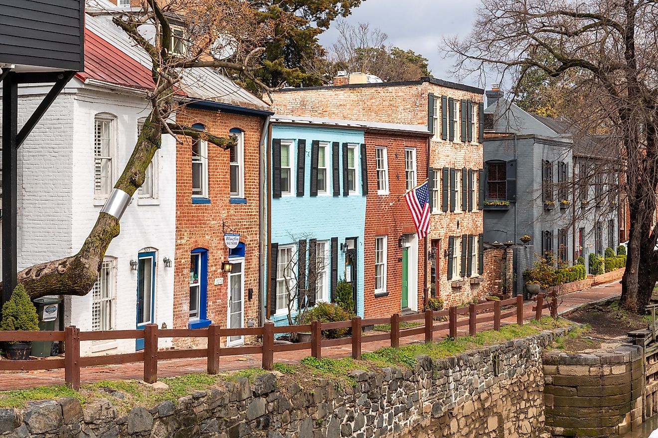 brick homes lining the Chesapeake and Ohio Canal trail in the historic Georgetown neighborhood of Washington, D.C. Editorial credit: Brian Logan Photography / Shutterstock.com