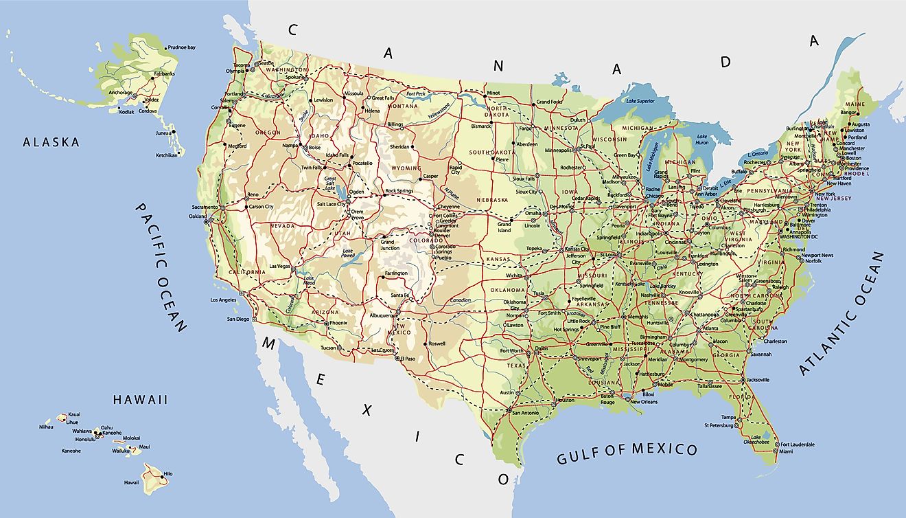 Highly Detailed Map of United States. With cities, roads, railways, lakes, rivers, relief, states, Alaska and Hawaii 