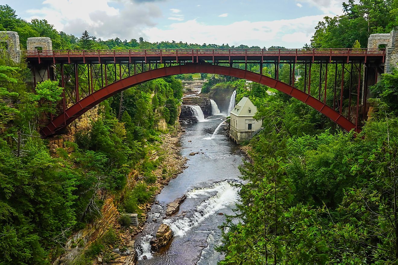 Bridge and Rainbow Falls at Ausable Chasm in Upstate New York