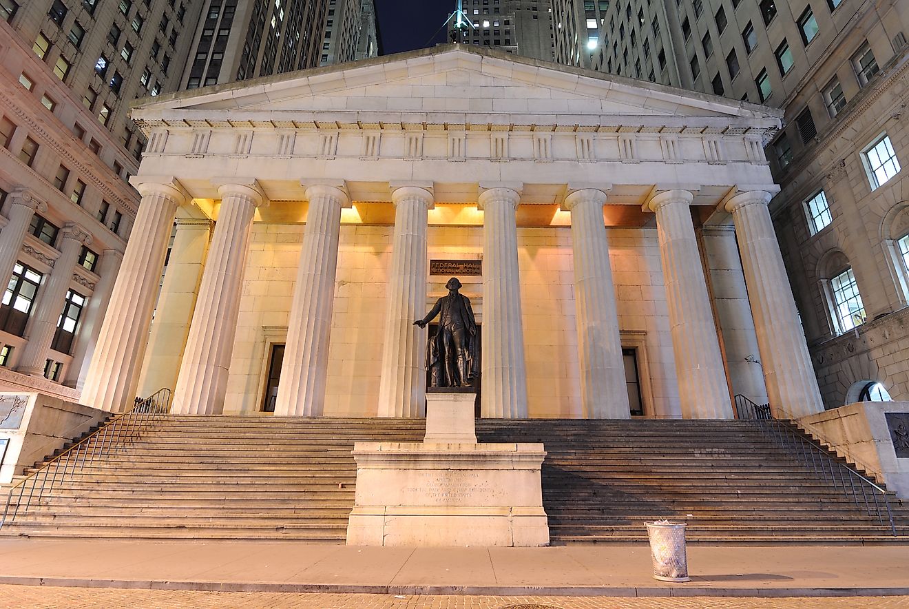 Federal Hall at night, the first capitol of the United States of America and place of President George Washington's inauguration. New York City.