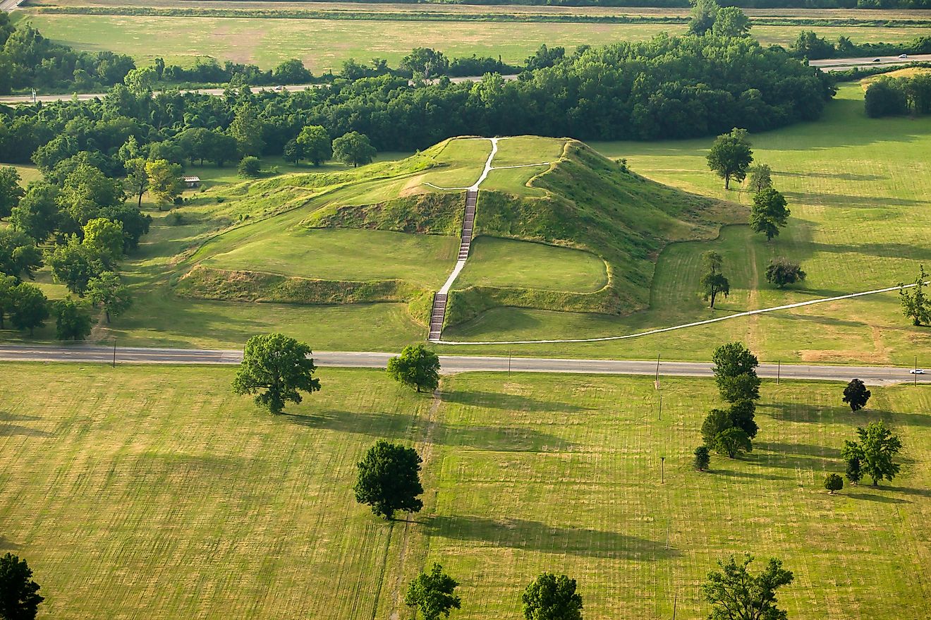 Aerial view of ancient Native American burial mound Cahokia Mounds, Illinois, USA