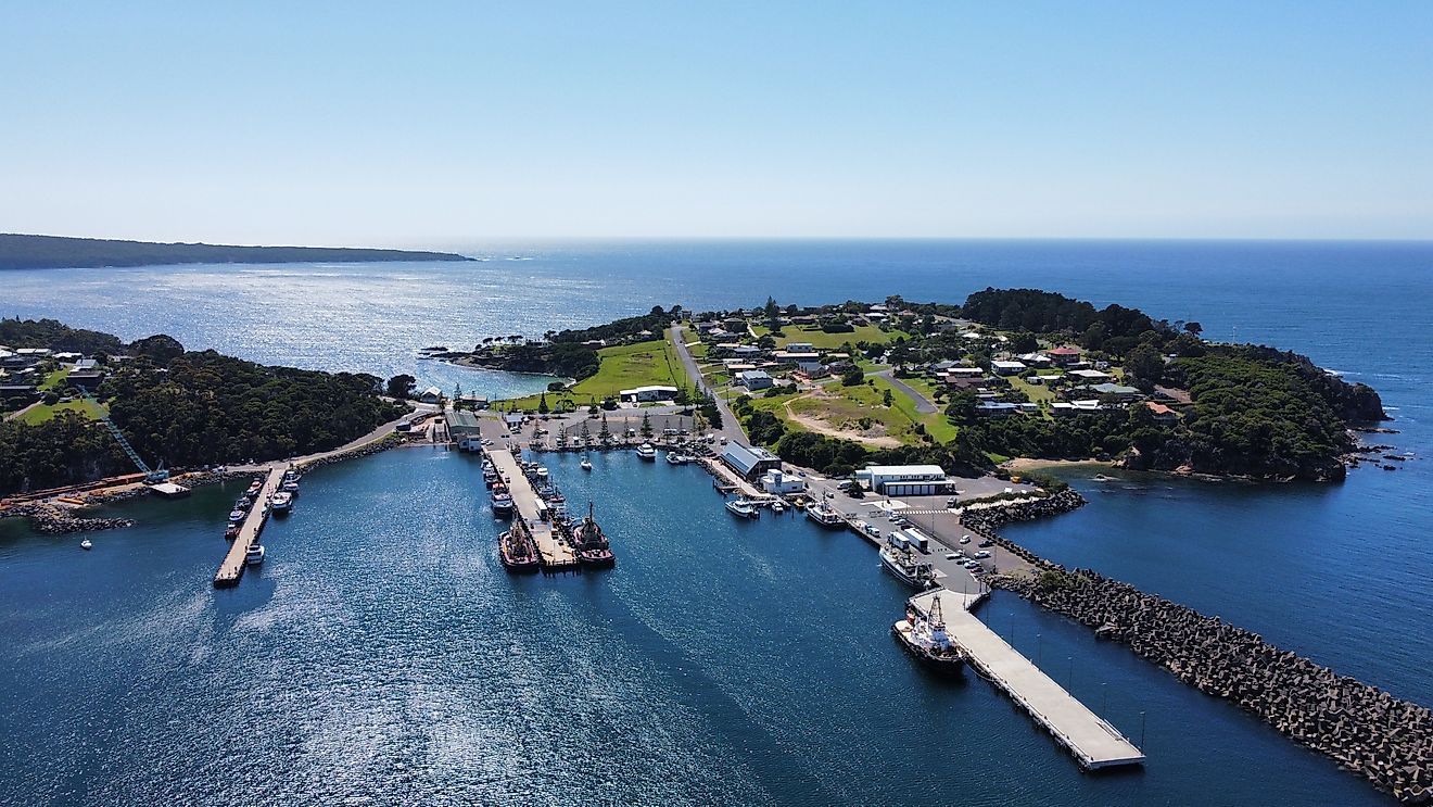 An aerial shot of the pier and island houses of Mackinac Island, Michigan