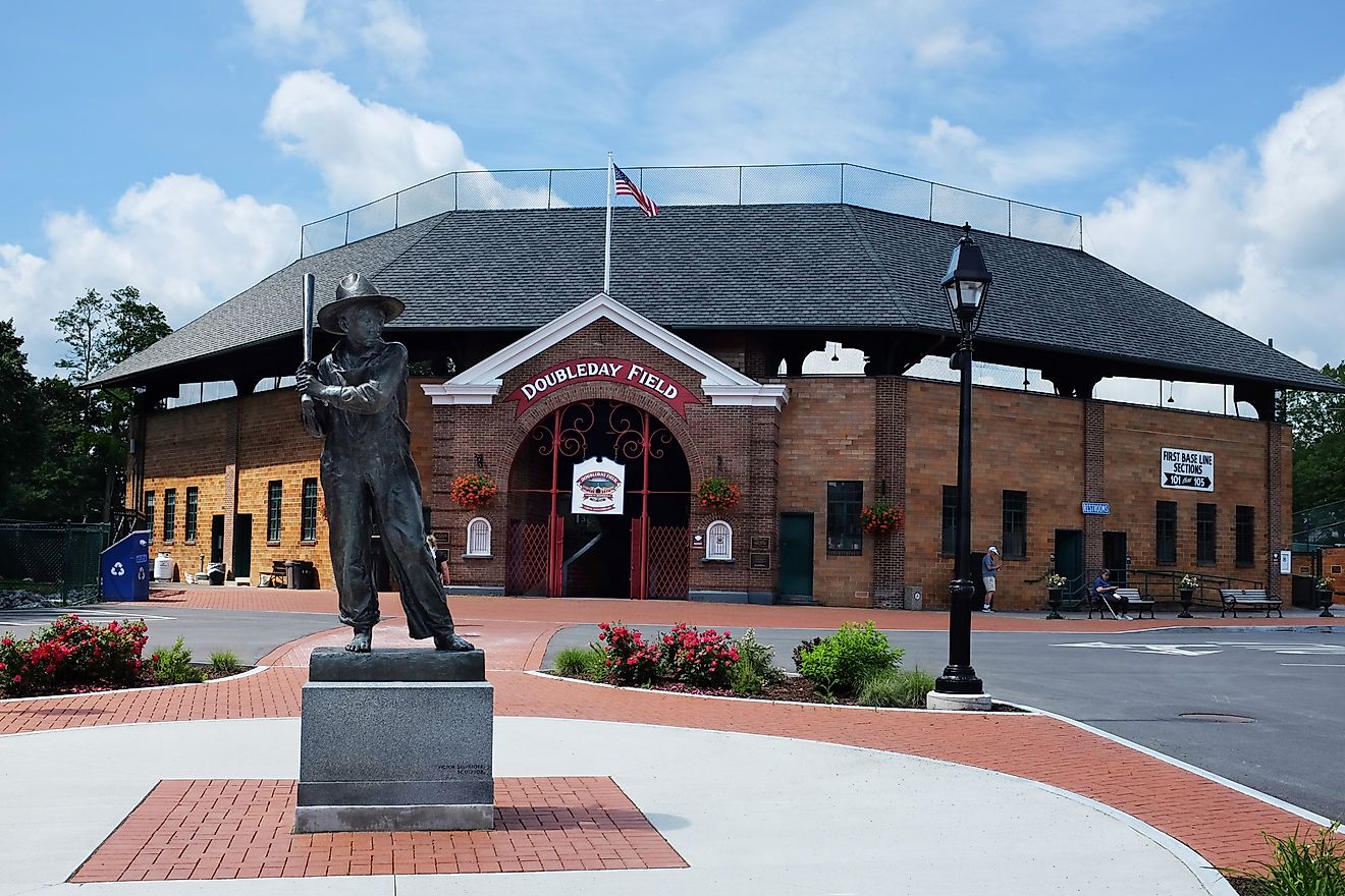 The Sandlot Kid statue at the entrance to Doubleday Field. Editorial credit: Steve Cukrov / Shutterstock.com