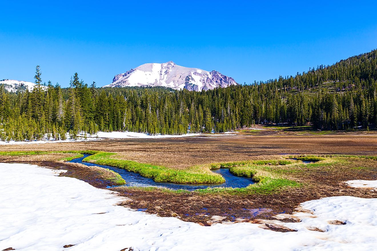 Snow on Mount Lassen in lassen volcanic national park