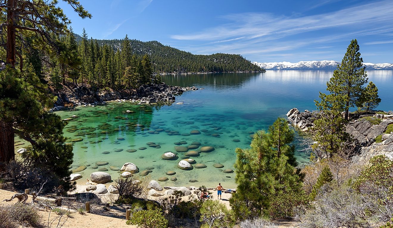 Beautiful panorama on the beach of Secret Cove, Lake Tahoe, Nevada.