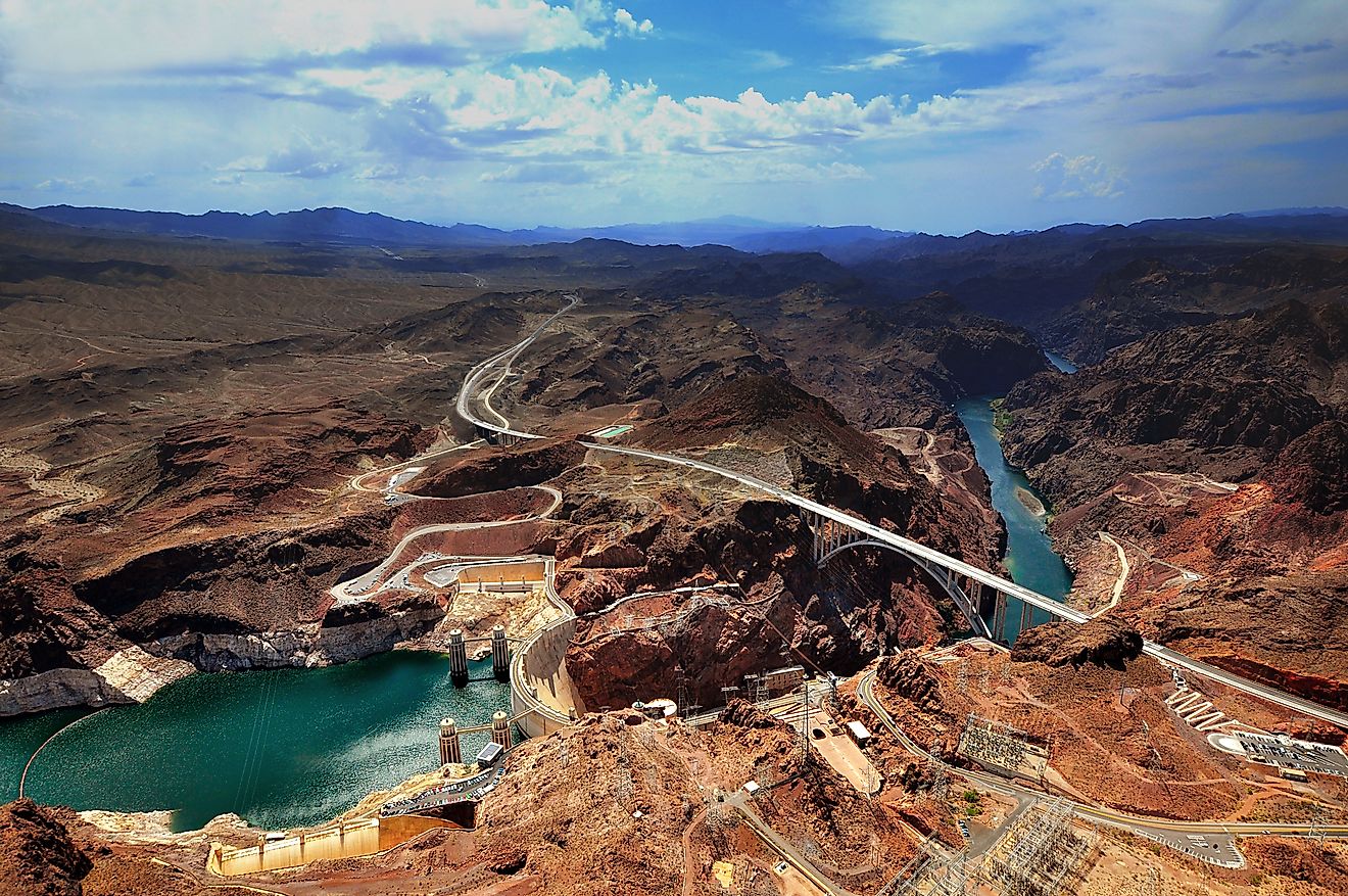 A panoramic view of Hoover Dam and the Colorado River Bridge in the Grand Canyon National Park