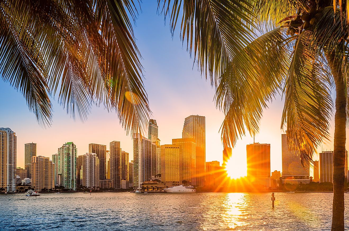 Miami, Florida skyline with sunbeams shining through the skyscrapers.