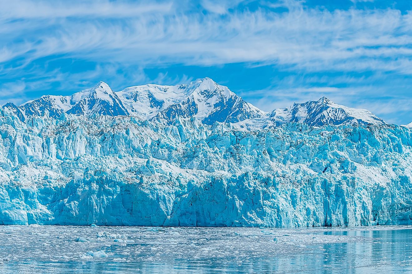 A view of the ice wall of the Hubbard Glacier in Alaska in summertime