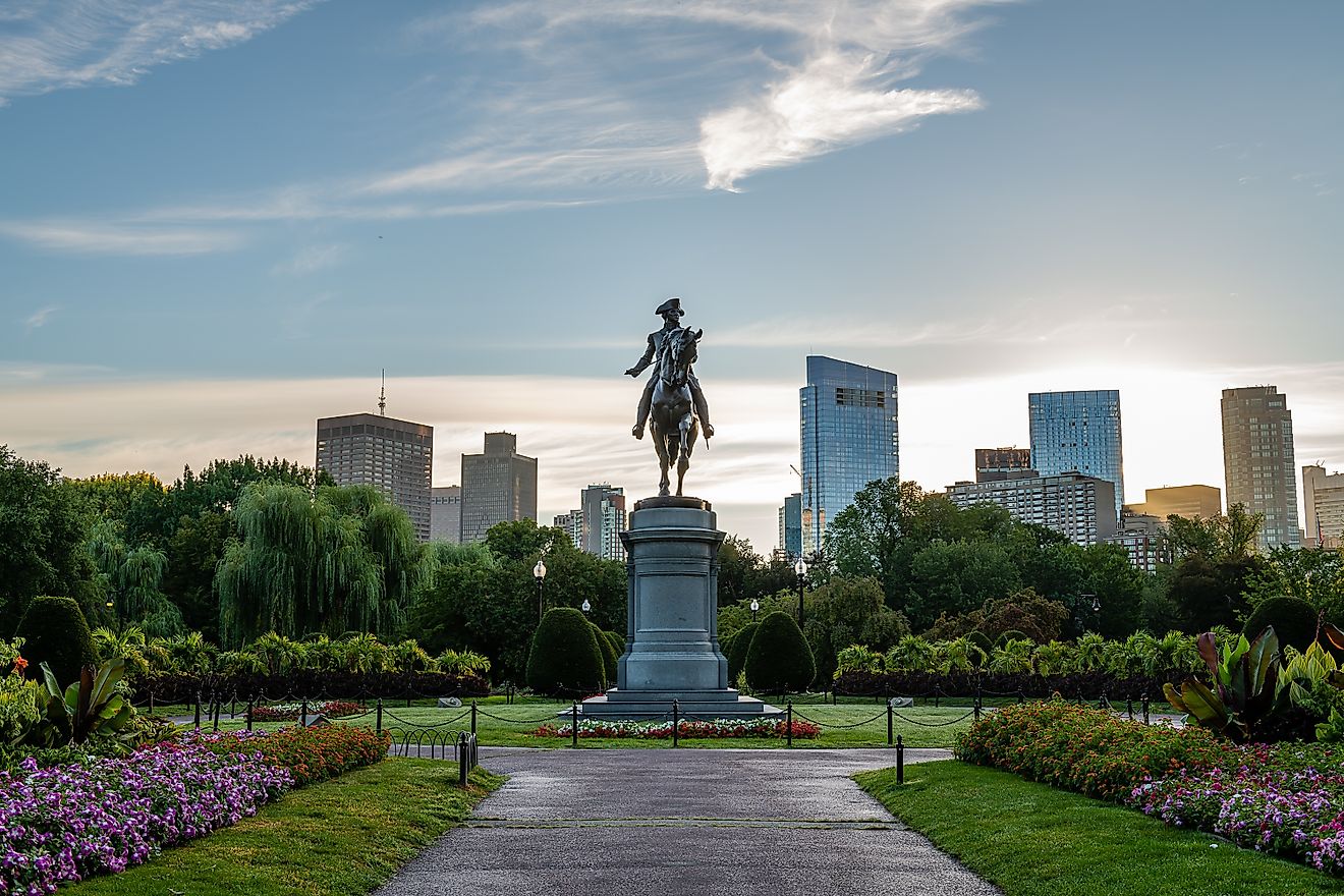 The Paul Revere Statue and Boston skyline