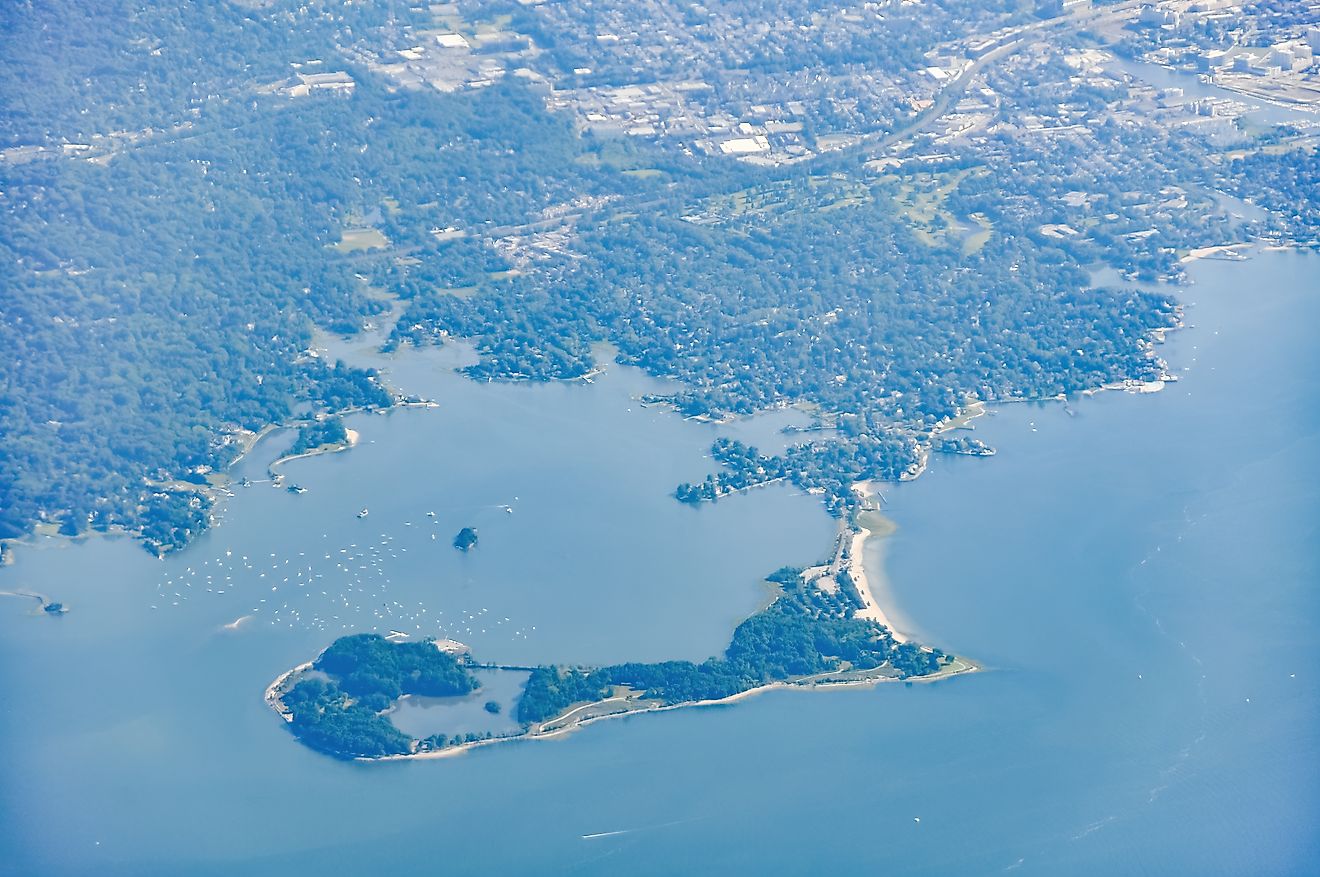Aerial view of the coastline of Greenwich, CT