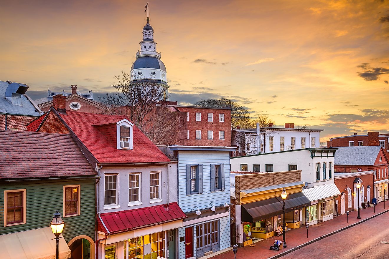 Annapolis, Maryland, USA downtown view over Main Street with the State House.