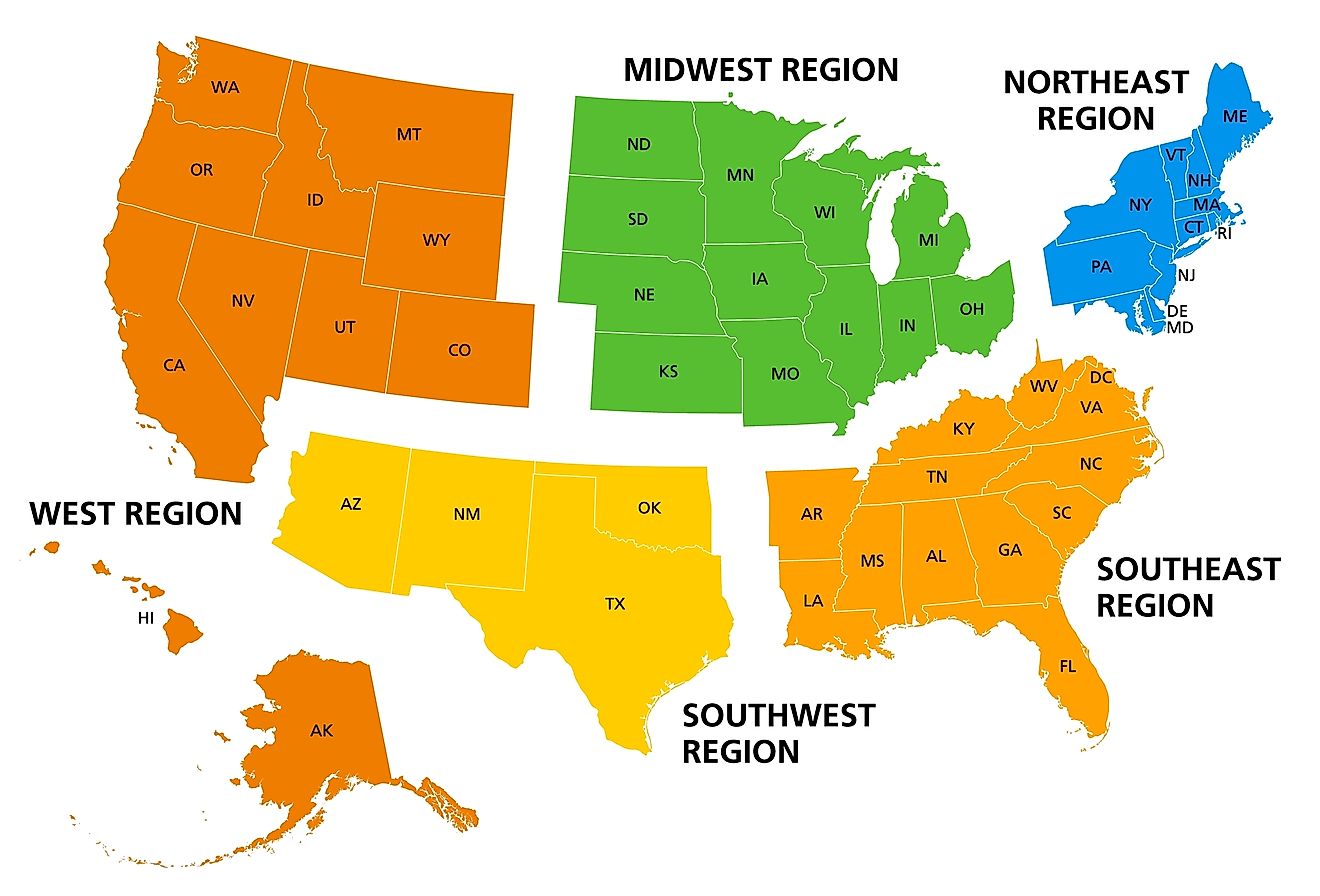 United States, geographic regions, colored political map. Five regions, according to their geographic position on the continent