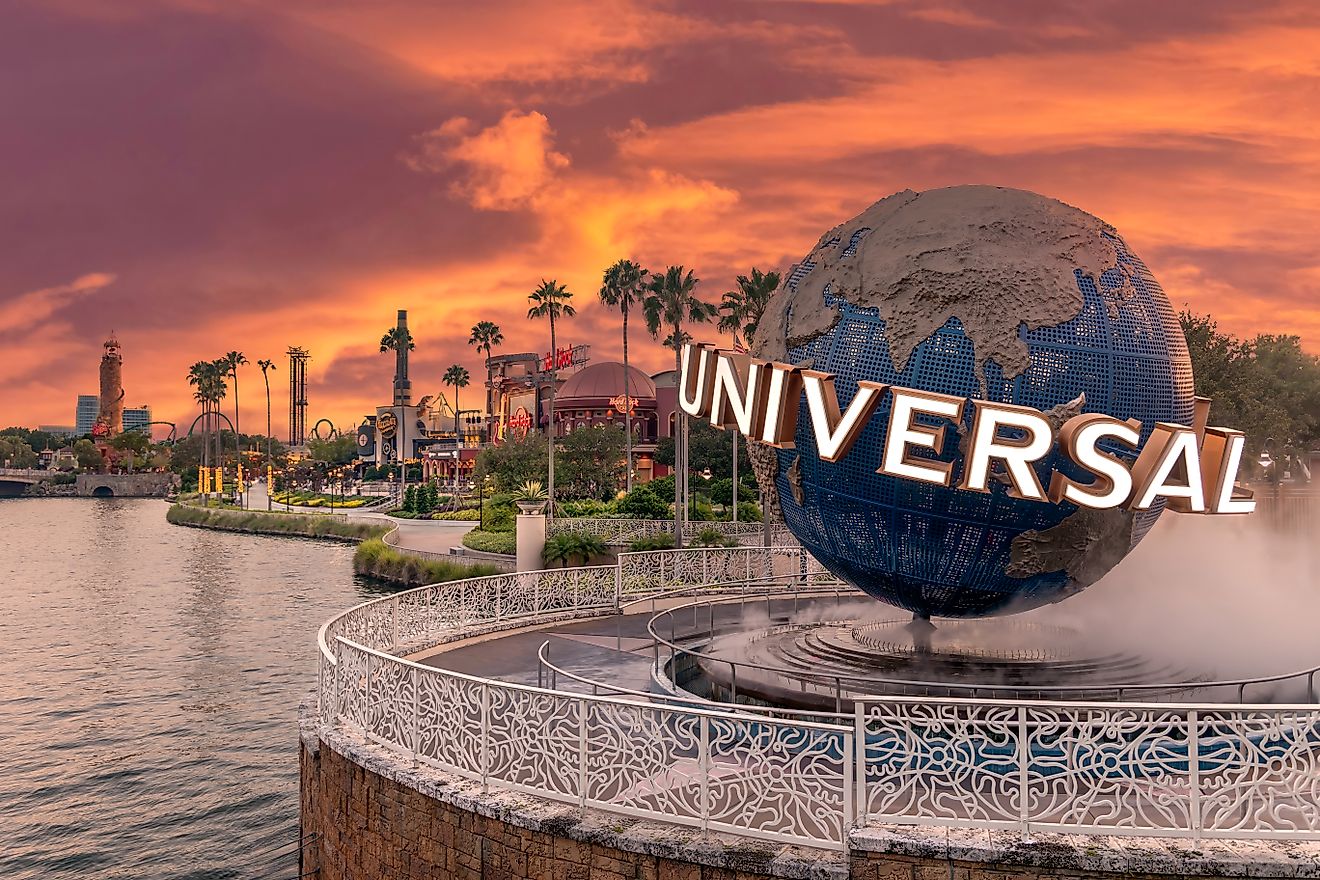 Orlando, Florida, USA. July 13th 2023 Universal Studios Theme Park Orlando, Universal globe and entrance at sunset.