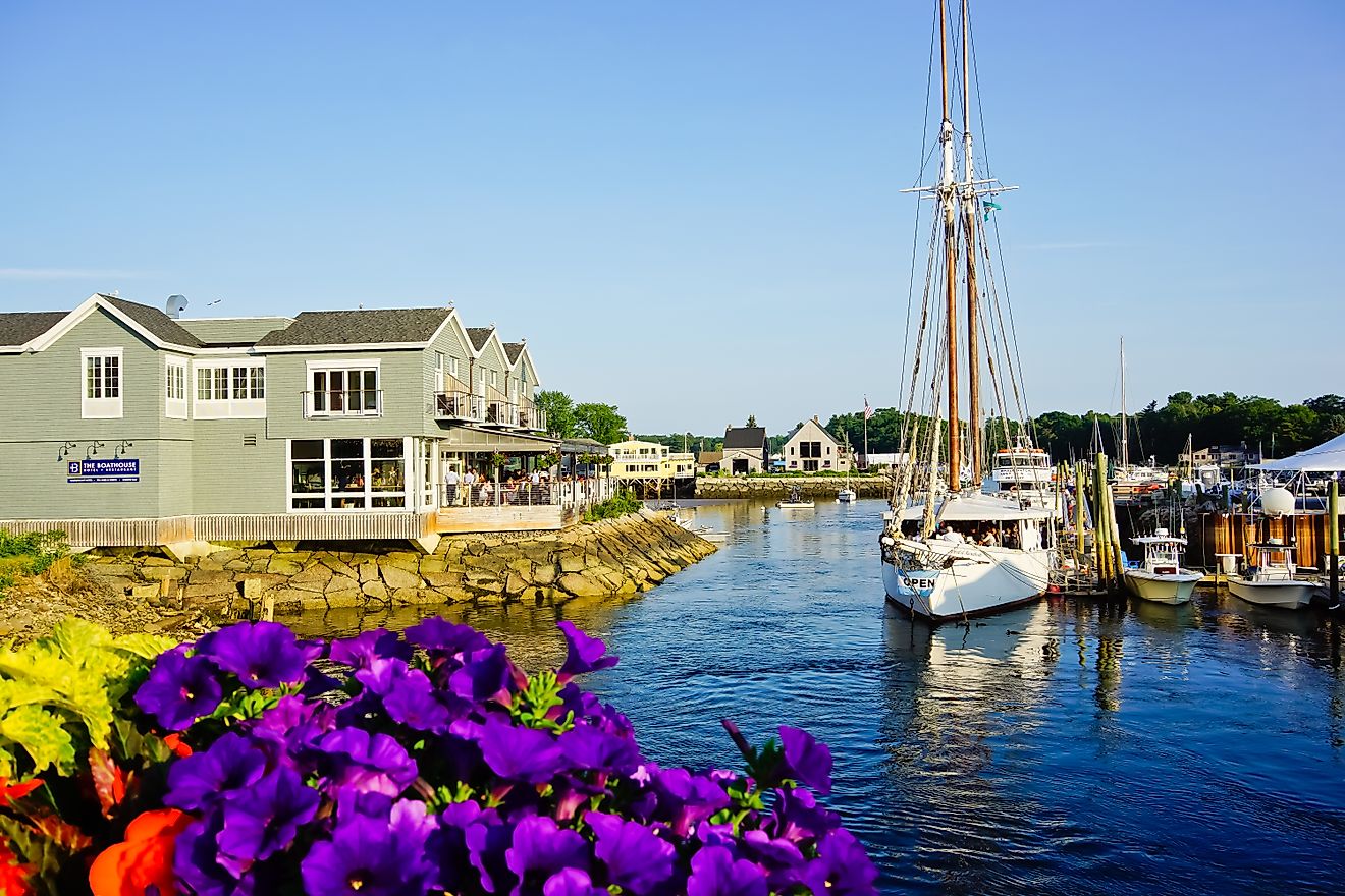 Kennebunkport, Maine/unite states-7/20/2019: Boat Hotel and restaurants In the harbor of kennebunk river. Editorial credit: Yingna Cai / Shutterstock.com