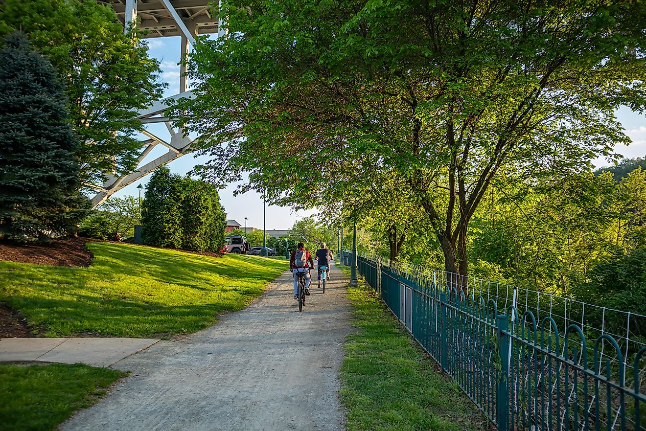 People riding bikes on a path, under green trees in spring. A place for relaxation and activities. Pittsburgh, Pennsylvania