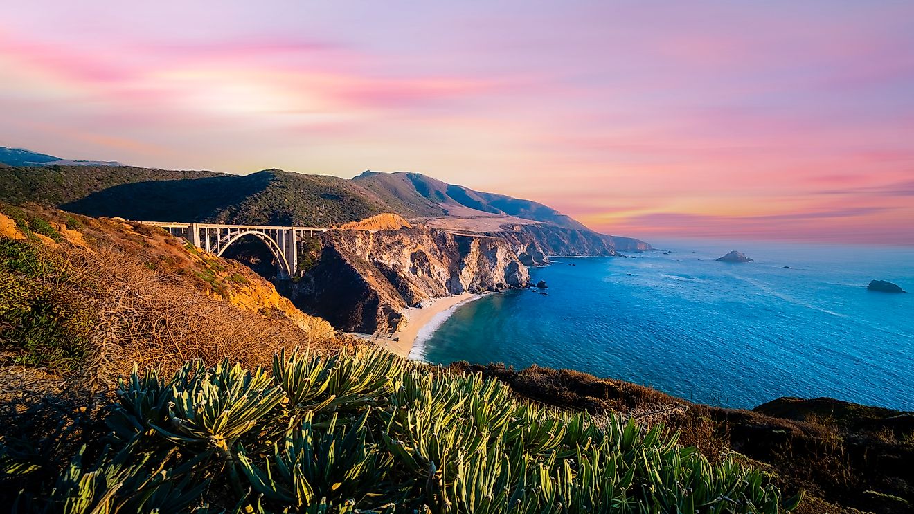 Bixby Bridge ,Rocky Creek Bridge and Pacific Coast Highway at sunset near Big Sur in California, USA