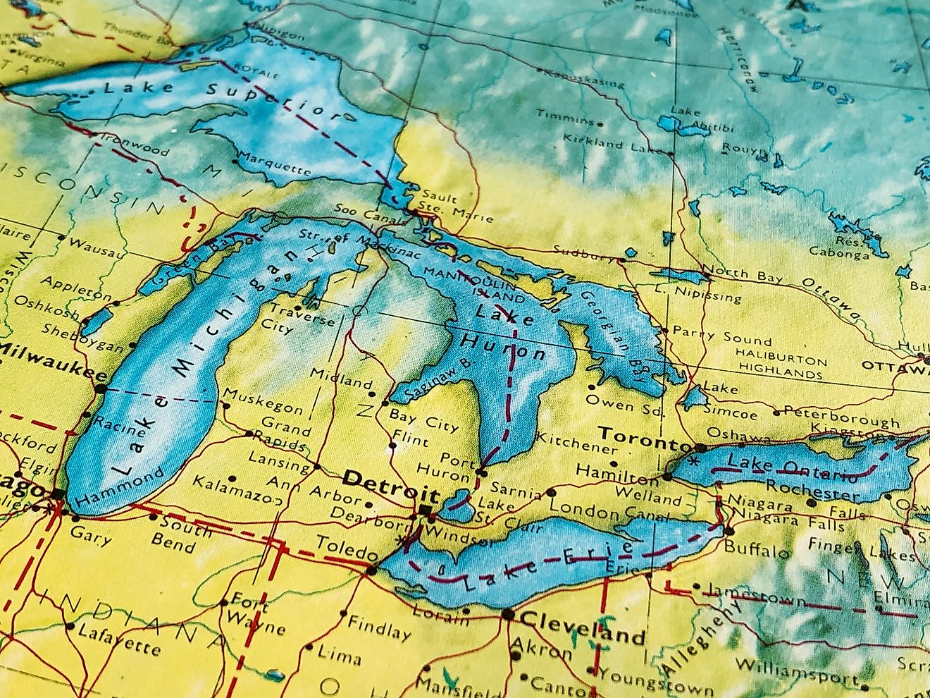 Great Lakes, USA, an image of an atlas map, ideal for representing travel, tourism, economics, and politics