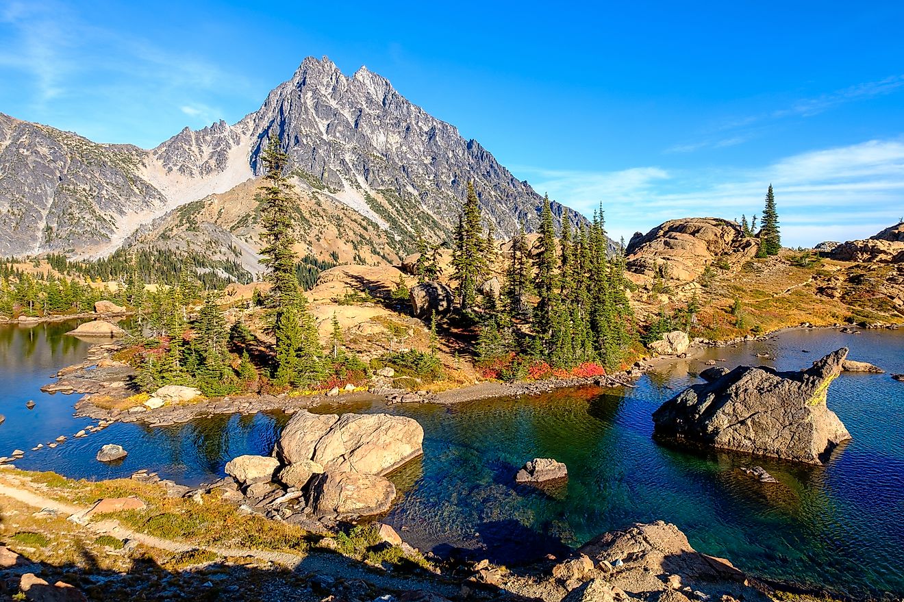 Mt Stuart Rises Above Lake Ingalls among Fall Color in Washington's Wild and Beautiful Cascade Mountains