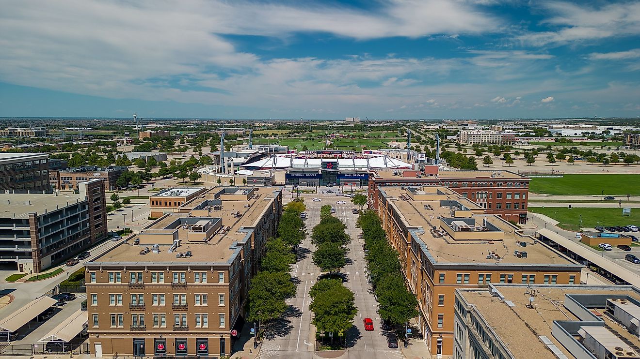 An aerial shot of Soccer Stadium and Hall of Fame, Frisco, Texas. Editorial credit: Wirestock Creators / Shutterstock.com