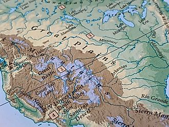 Great Plains, North America, detailed map from a world atlas showing borders, geographic features