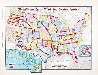 A map of the United States showing the steps in which the US grew over time
