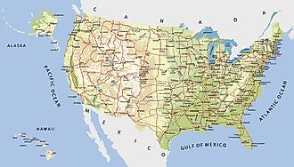 Highly Detailed Map of United States. With cities, roads, railways, lakes, rivers, relief, states, Alaska and Hawaii 