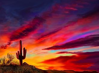 Arizona, Sedona landscape a Saquaro cactus in silhouette.