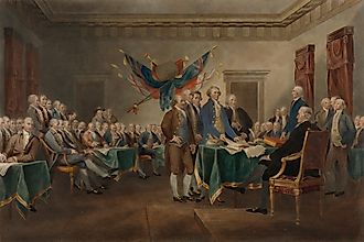 Signing of the Declaration of Independence. Vintage artwork, art illustration. People in vintage artwork, painting of people.