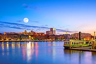 Historic District waterfront of Savannah, Georgia USA at twilight