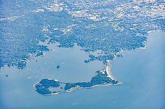 Aerial view of the coastline of Greenwich, CT