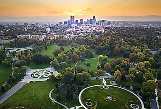 Sunset over Denver cityscape, aerial view from the city park