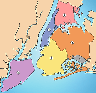 Map of the Boroughs of New York City. Editorial credit: Wikimedia Commons